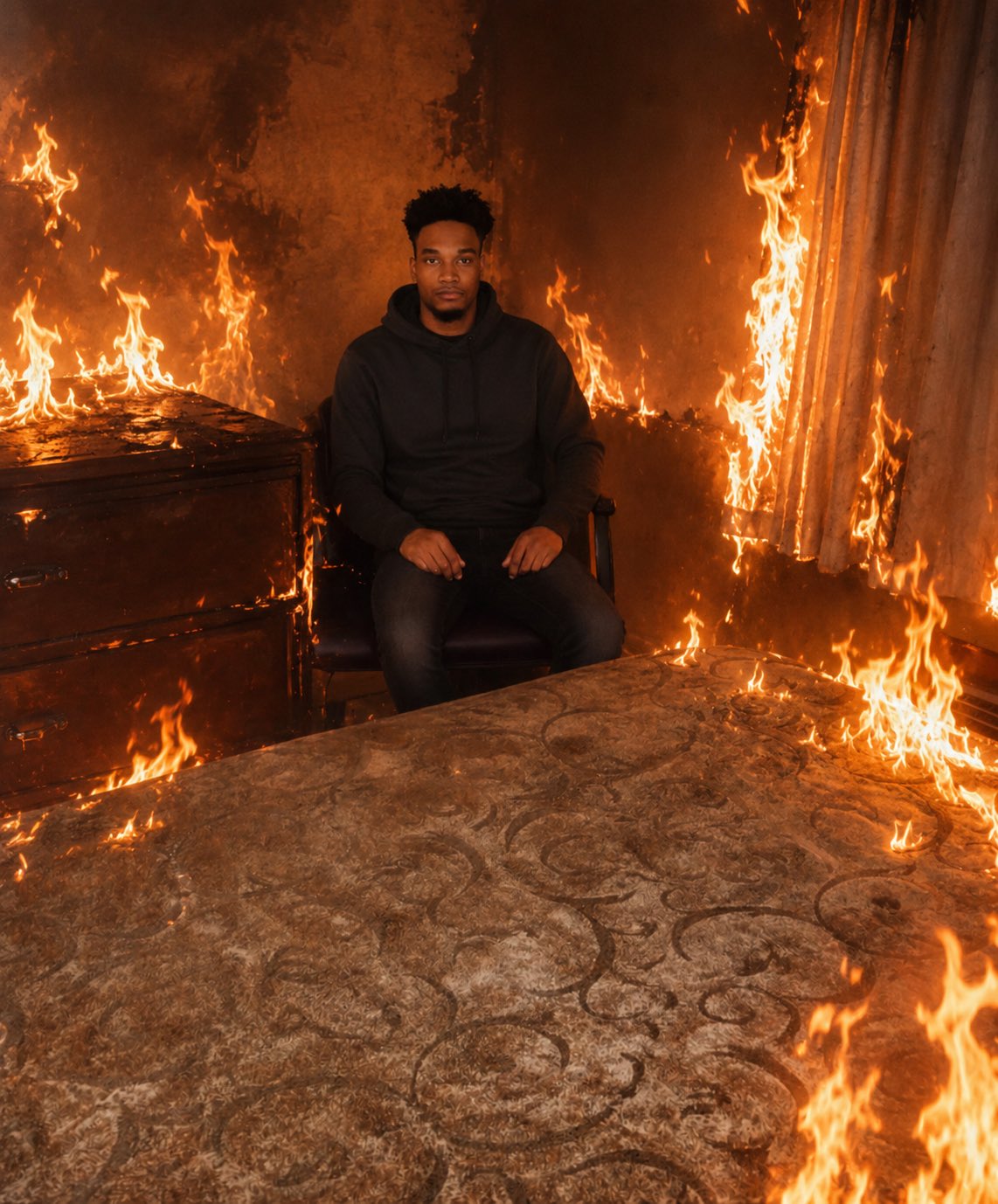Real-life This Is Fine — figure sitting calmly in a burning room